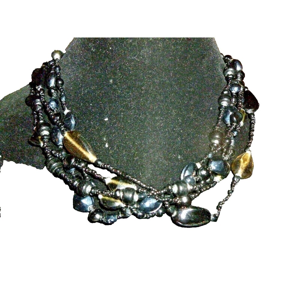 Multi-Strand‎ Black Iridescent Glass Bead Statement Necklace Amber Accents